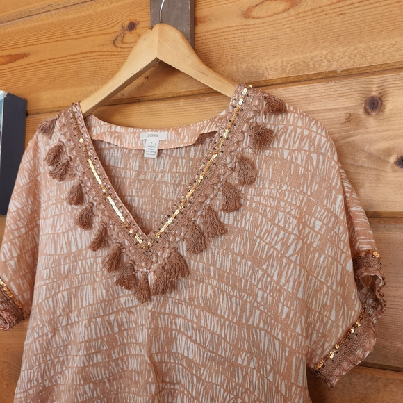 J Crew 💜 Sea Grass Peach Top Tassle Fringe Sequin Bead Trim Shirt Semi Sheer 6 - Picture 2 of 11